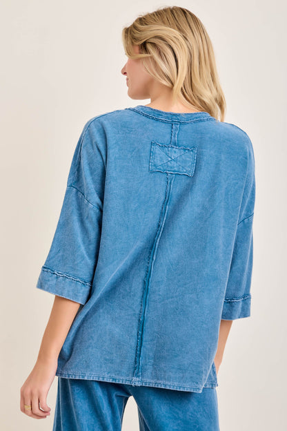 J. Her Slate Blue Mineral Washed Cotton Trim Patched Raw Edge Top