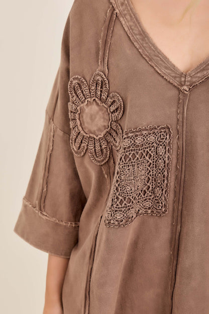 J. Her Chocolate Mineral Washed Cotton Trim Patched Raw Edge Top