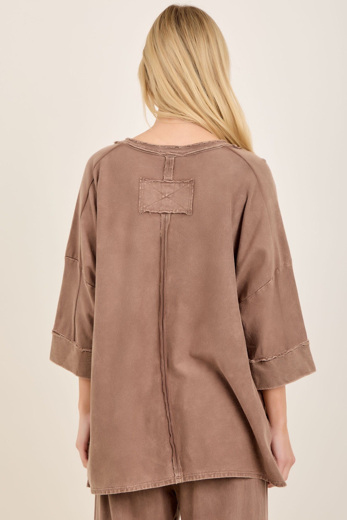 J. Her Chocolate Mineral Washed Cotton Trim Patched Raw Edge Top