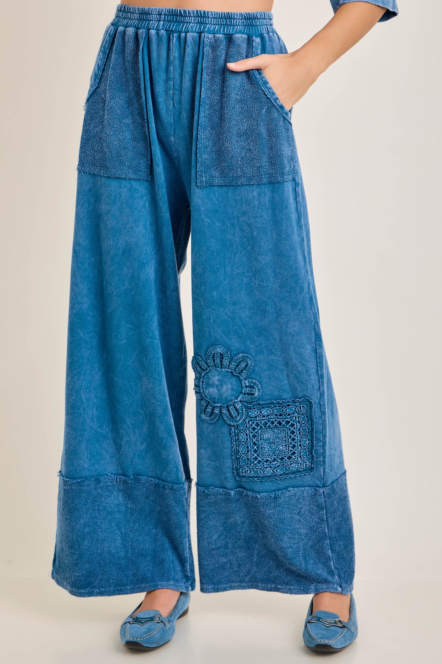 J. Her Slate Blue Mineral Washed Cotton Trim Patched Raw Hem Pants