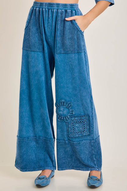 J. Her Slate Blue Mineral Washed Cotton Trim Patched Raw Hem Pants