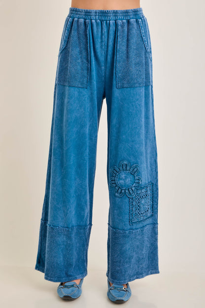 J. Her Slate Blue Mineral Washed Cotton Trim Patched Raw Hem Pants