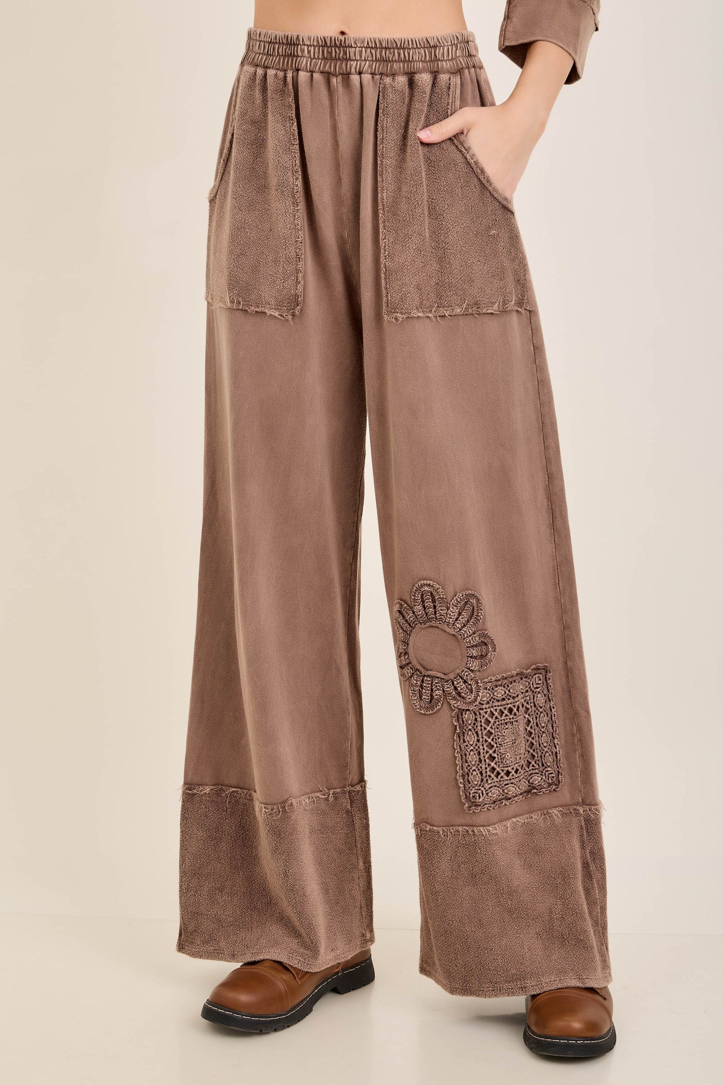 J. Her Chocolate Mineral Washed Cotton Trim Patched Raw Hem Pants