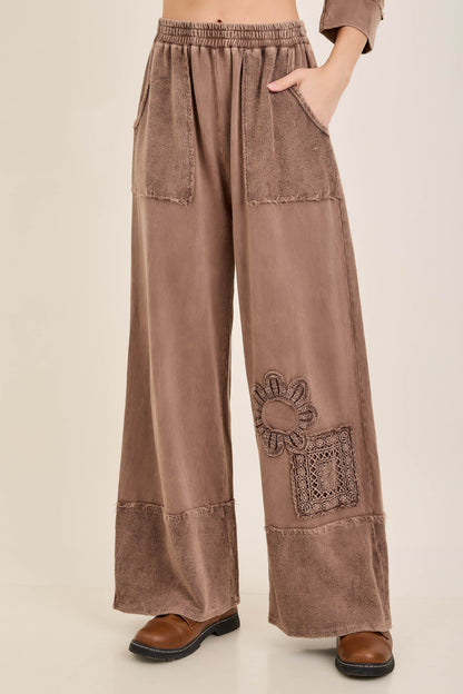 J. Her Chocolate Mineral Washed Cotton Trim Patched Raw Hem Pants