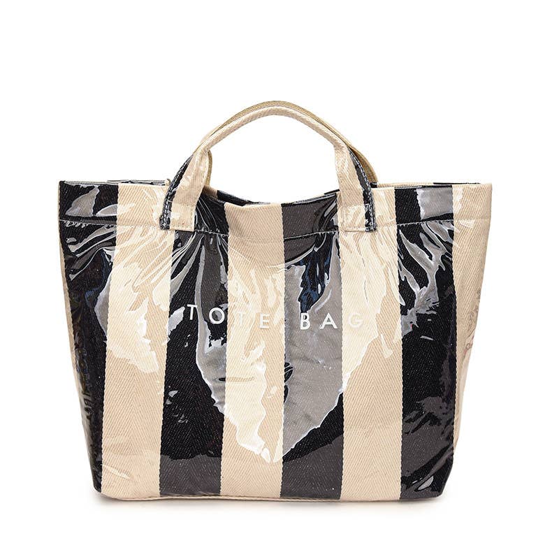 Striped Large-capacity PVC Tote Bag for Women Handbag: Black