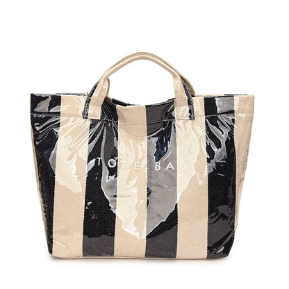 Striped Large-capacity PVC Tote Bag for Women Handbag: Black