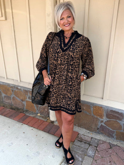 Umgee Leopard Print Contrast Trim Puff Sleeve Tunic Dress