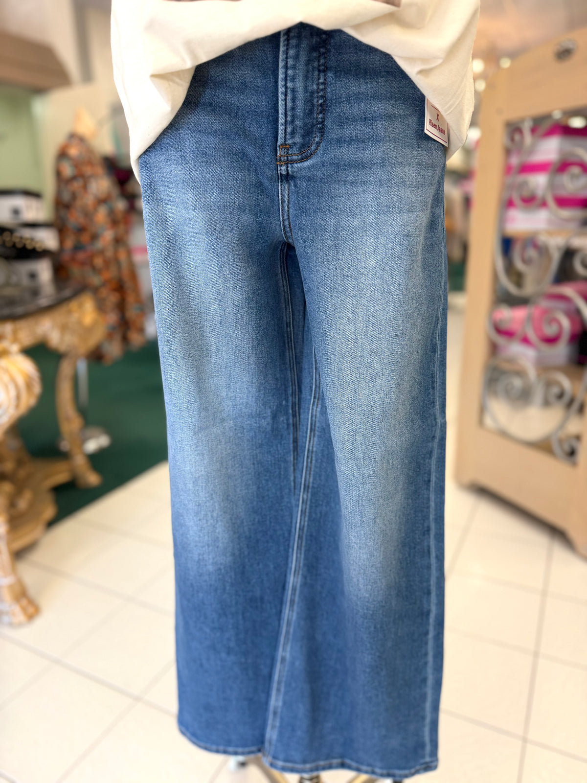 Risen Tummy Control Elastic Band Mid Rise Crop Jeans