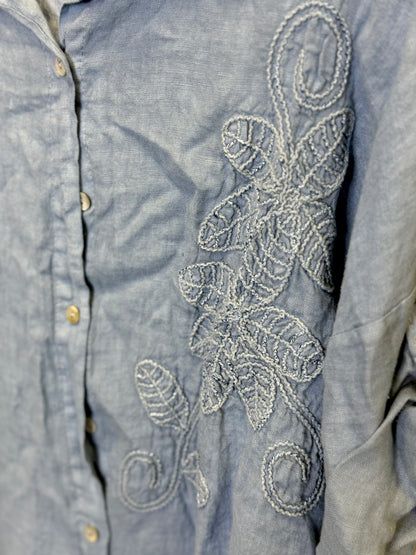Made in Italy Collared Linen Blouse with Flower Detail