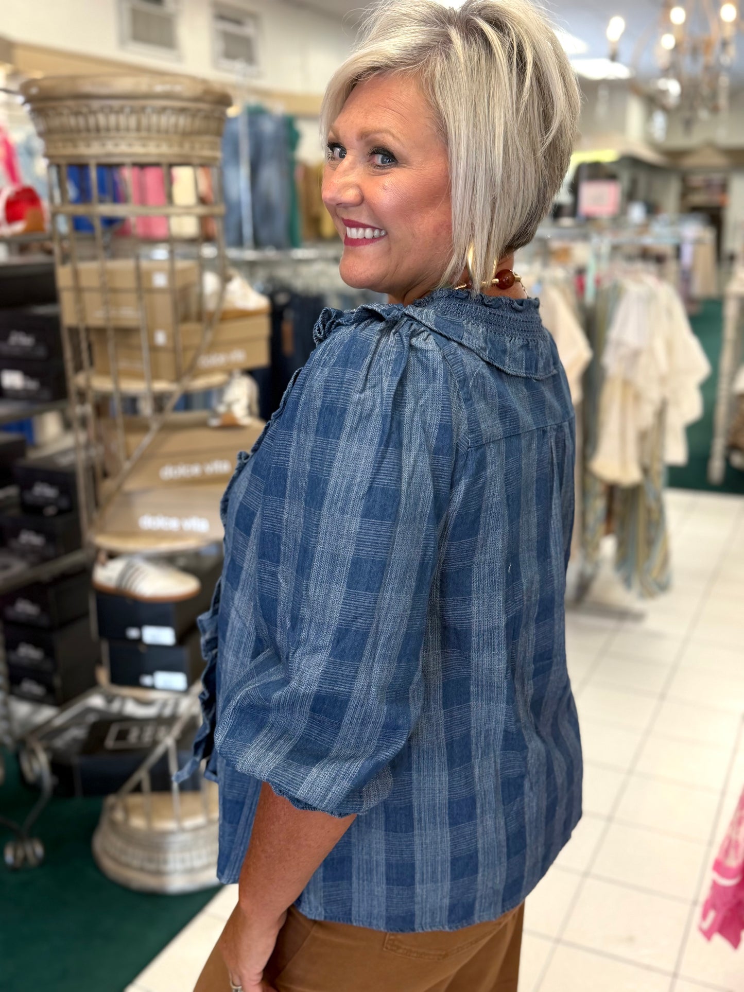 Easel Plaid Pattern Washed Ruffle Detail Denim Blouse