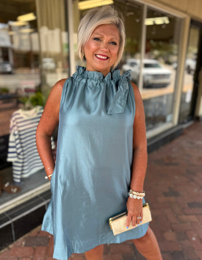Glam Tie Round Ruffle Neck Sleeveless Mini Dress