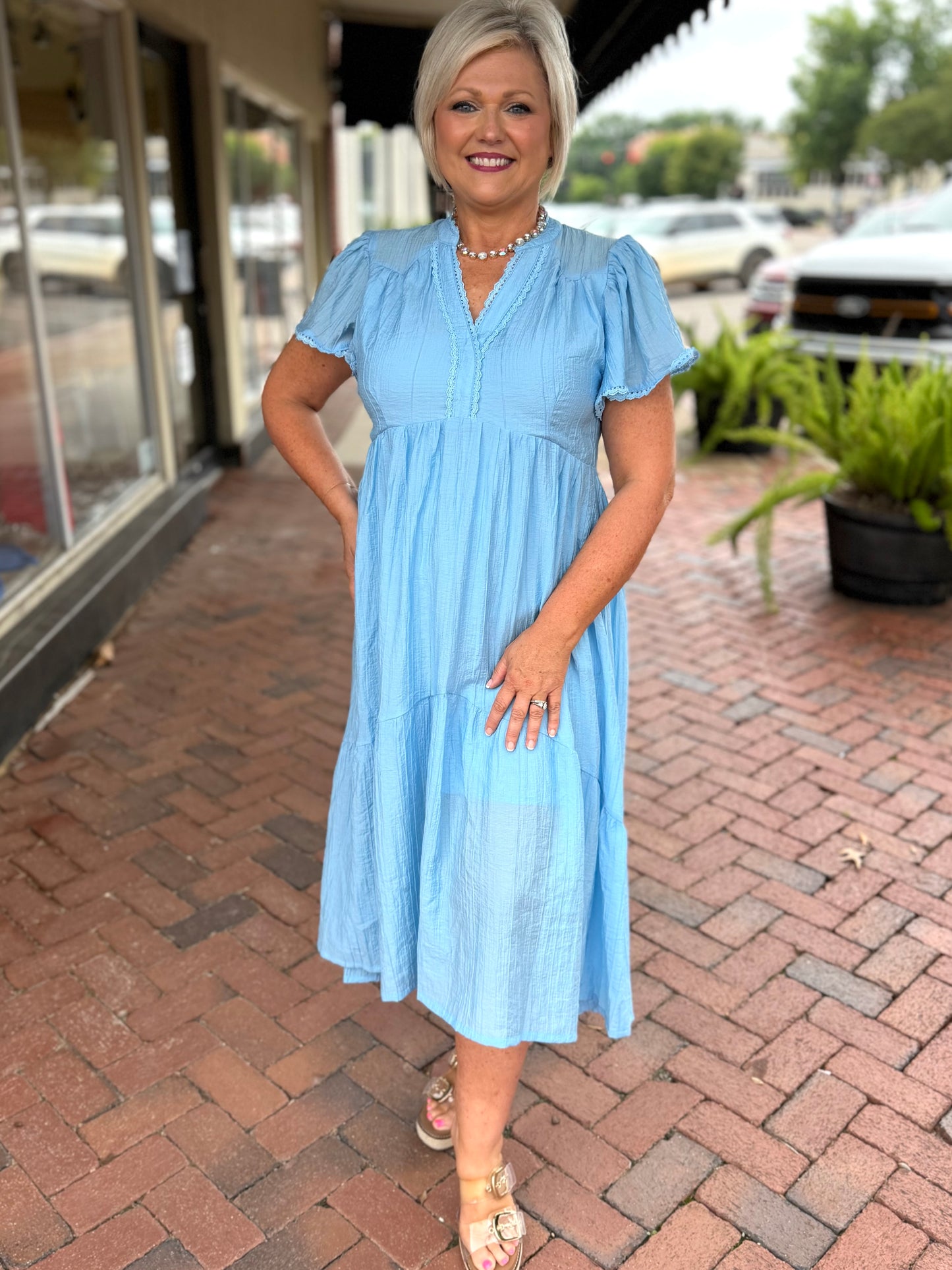 Umgee Light Blue Textured Tiered Midi Dress