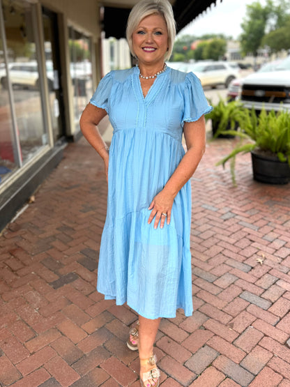 Umgee Light Blue Textured Tiered Midi Dress