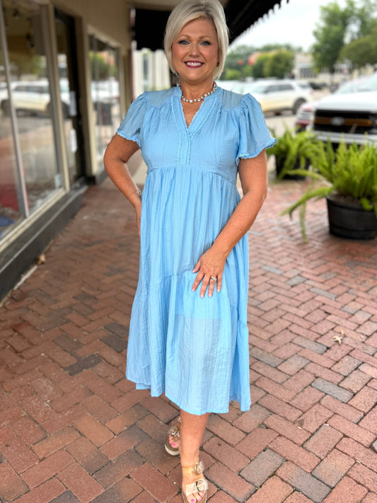 Umgee Light Blue Textured Tiered Midi Dress