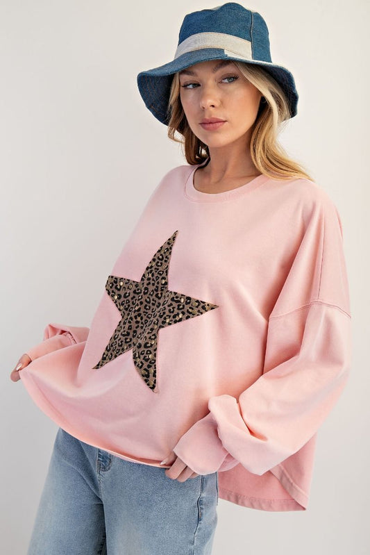 Easel ANIMAL STAR PATCH MINERAL WASHED POLY RAYON KNIT TOP