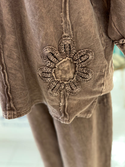 J. Her Chocolate Mineral Washed Cotton Trim Patched Raw Edge Top