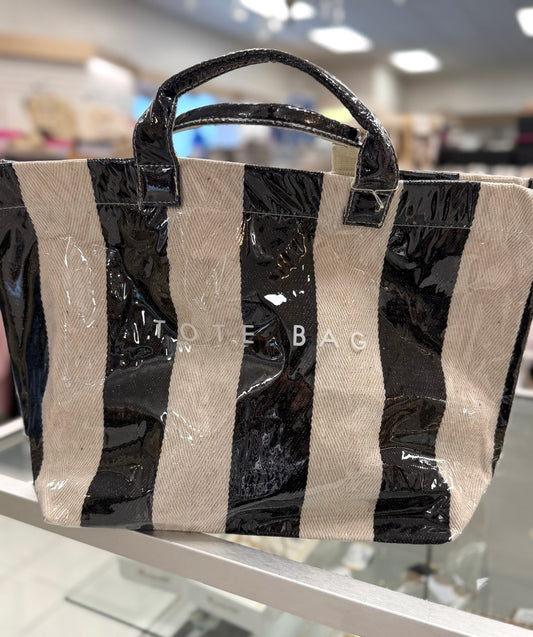 Striped Large-capacity PVC Tote Bag for Women Handbag: Black