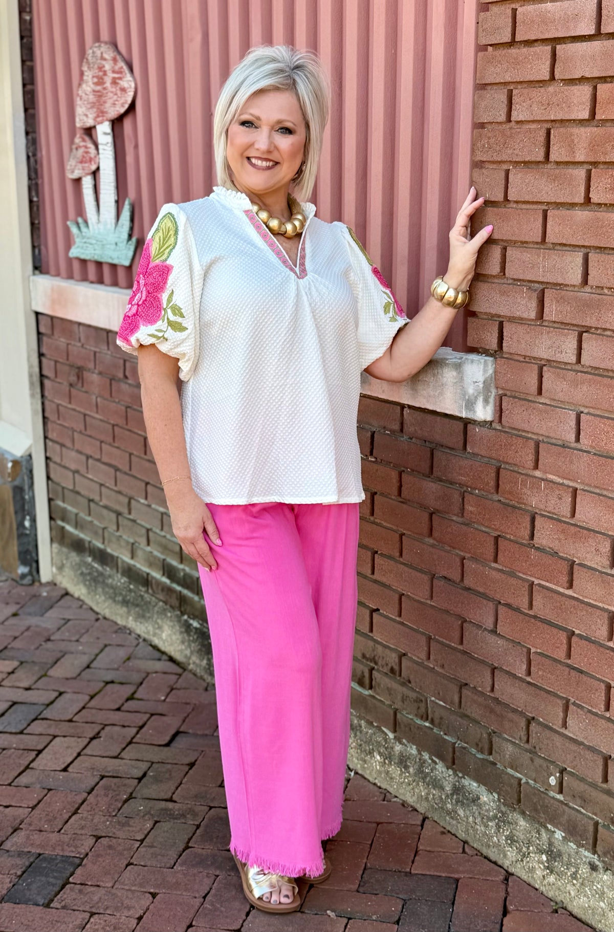 Umgee Peony Frayed Hem Wide-Leg Pants