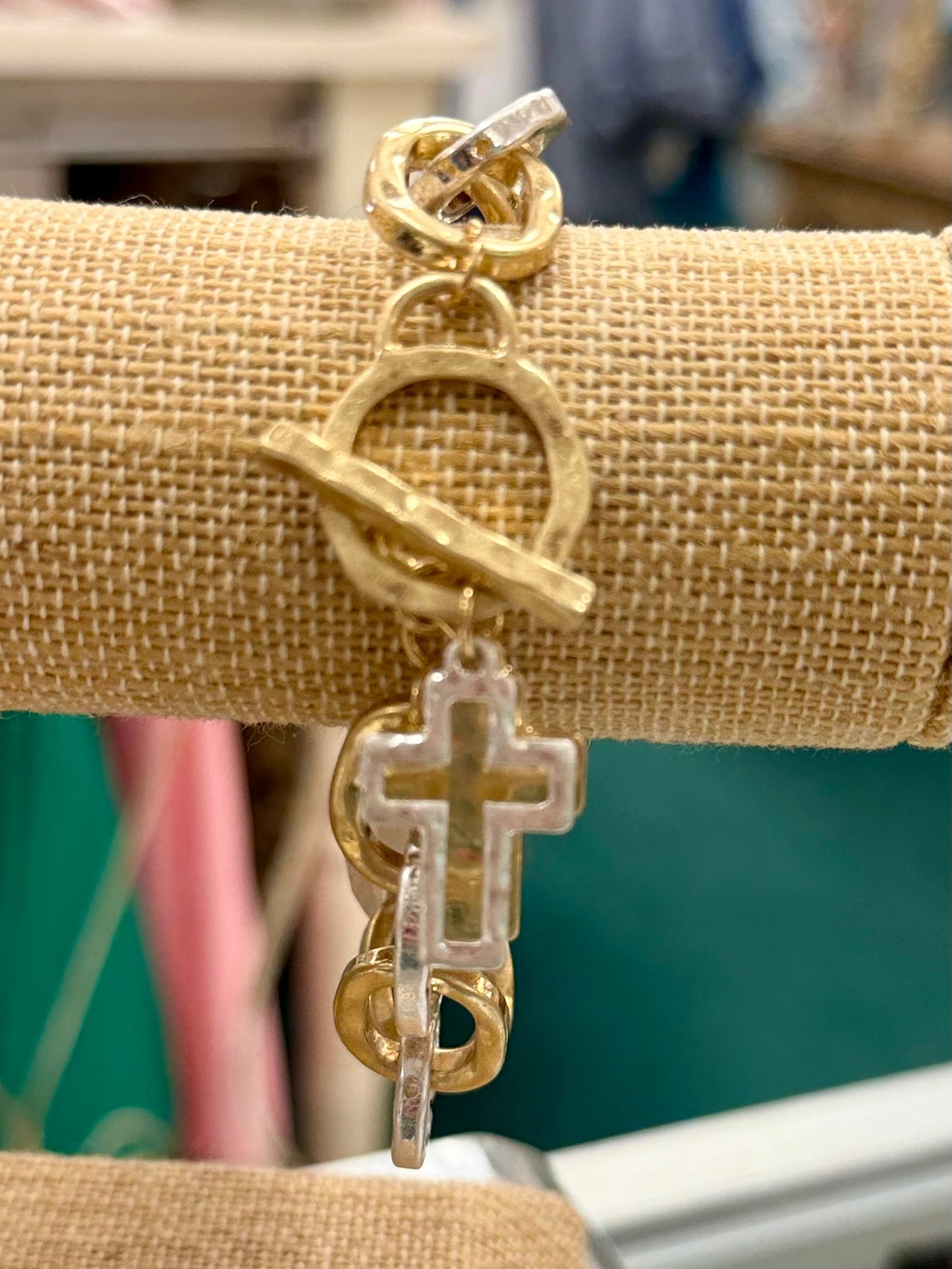 Mixed Metal Open Chain Cross Bracelet