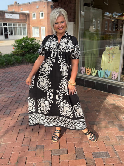 Gigio Black Mixed Print Short Puff Sleeve Midi Dress with a Smocked Front Yoke