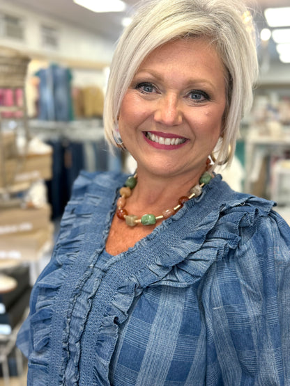 Easel Plaid Pattern Washed Ruffle Detail Denim Blouse