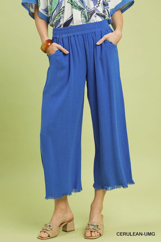Umgee Cerulean Frayed Hem Wide-Leg Pants