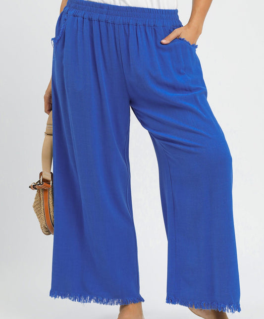Umgee Plus Size Cerulean Frayed Hem Wide-Leg Pants