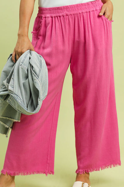 Umgee Plus Size Peony Frayed Hem Wide-Leg Pants