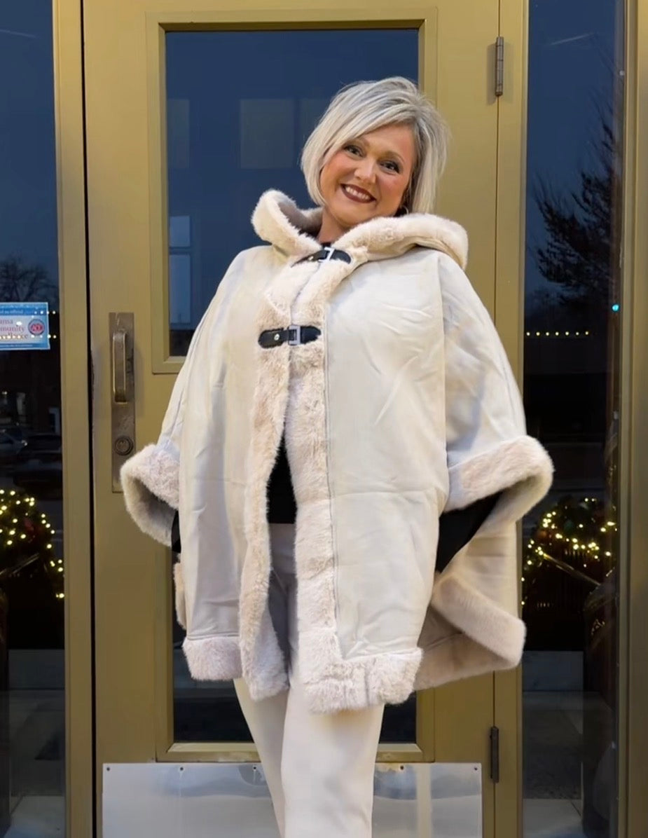Beige Vegan Suede & Fur Trim Hooded Cape with Buckles