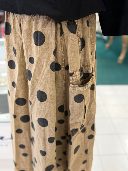 EASEL MOCHA POLKA DOTS PRINT WASHED WOVEN SKIRT