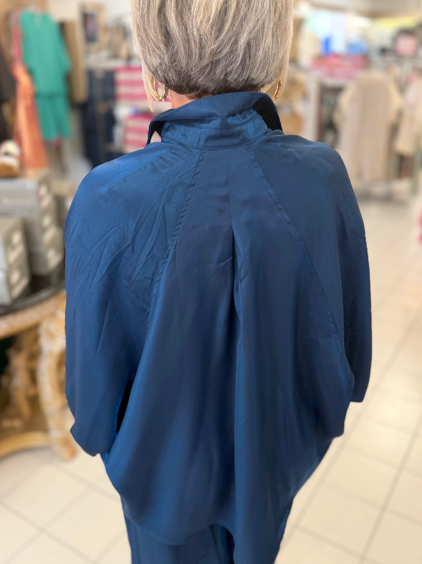 Glam Navy Blue Metallic Oversized Button Down Long Sleeve Shirt Blouse