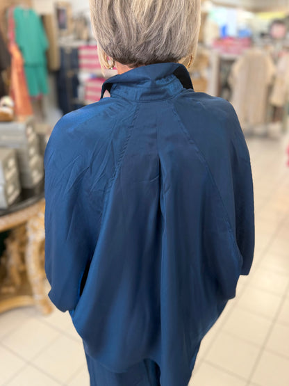 Glam Navy Blue Metallic Oversized Button Down Long Sleeve Shirt Blouse