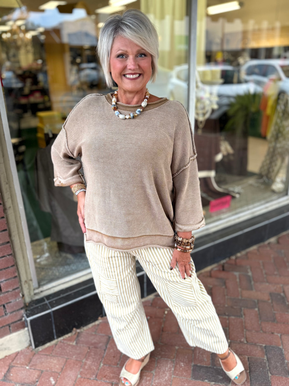 Bibi Oatmeal STRIPED TWILL BARREL PANTS