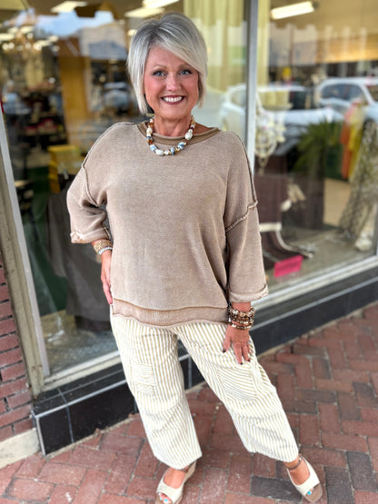 Bibi Oatmeal STRIPED TWILL BARREL PANTS