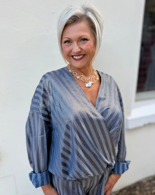 Glam Indigo V-Neck Long Sleeve Wrap Over Metallic Stripe Blouse