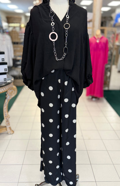 Davi & Dani Black & Off White Wide Leg Polka Dot Pants