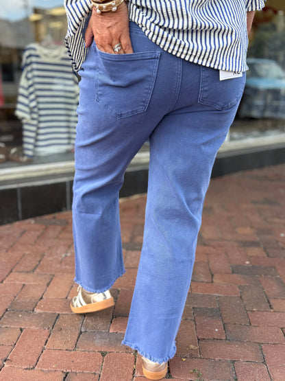 Zenana Marlin Blue Acid Washed High Waist Frayed Hem Bootcut Pants