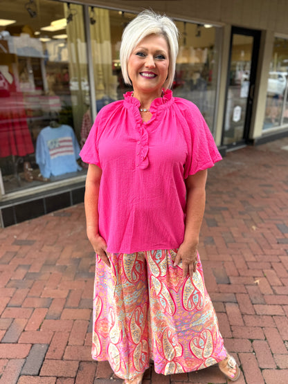 Umgee Pink Mix Printed Pull On Wide Leg Pants