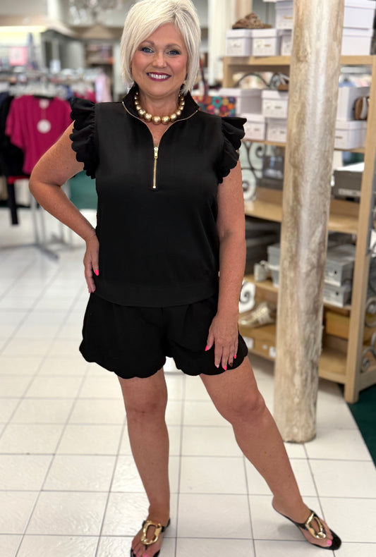 Umgee Black Scalloped Hem Shorts