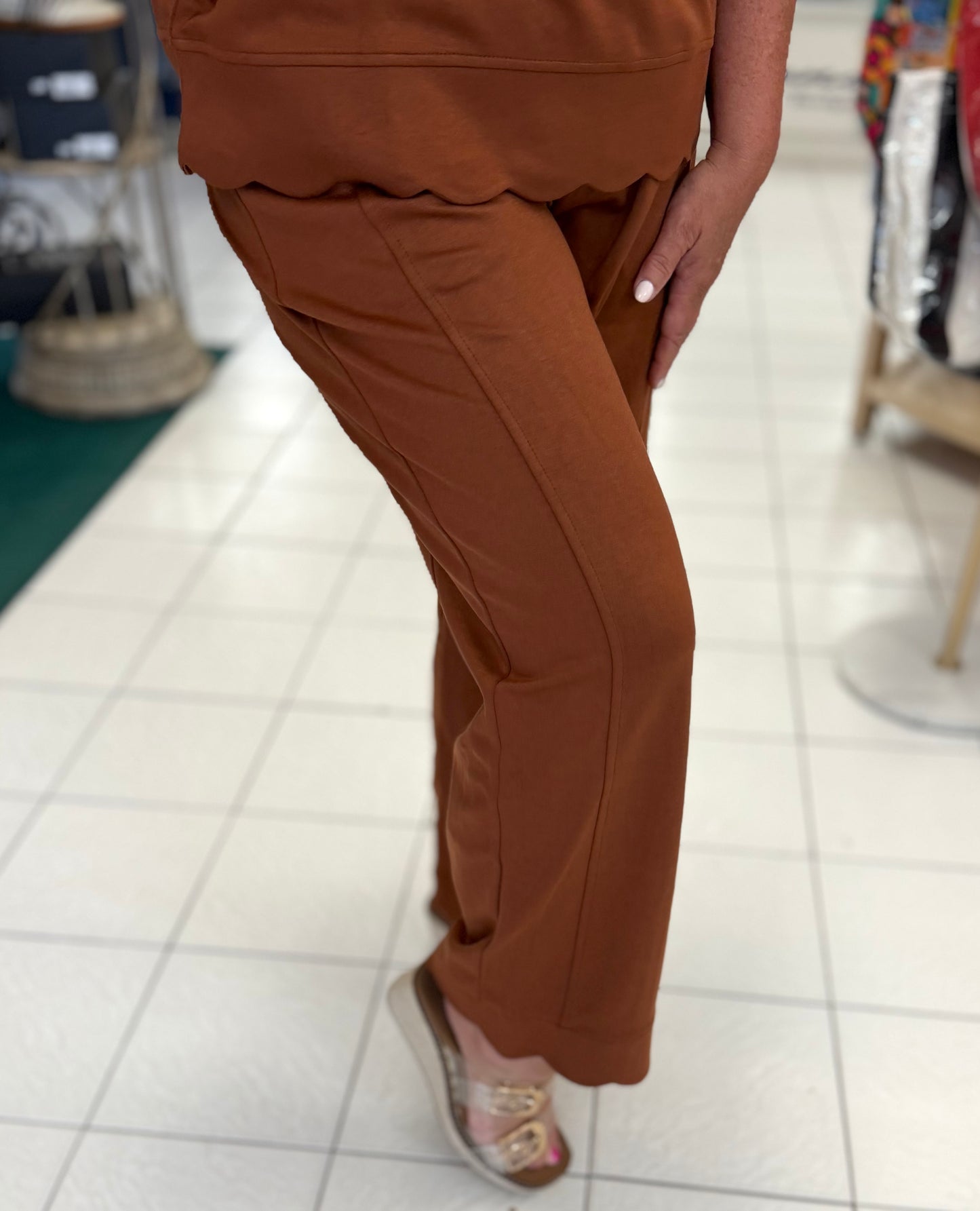 Umgee Terracotta LUXEKNIT Scalloped Hem Straight Pants