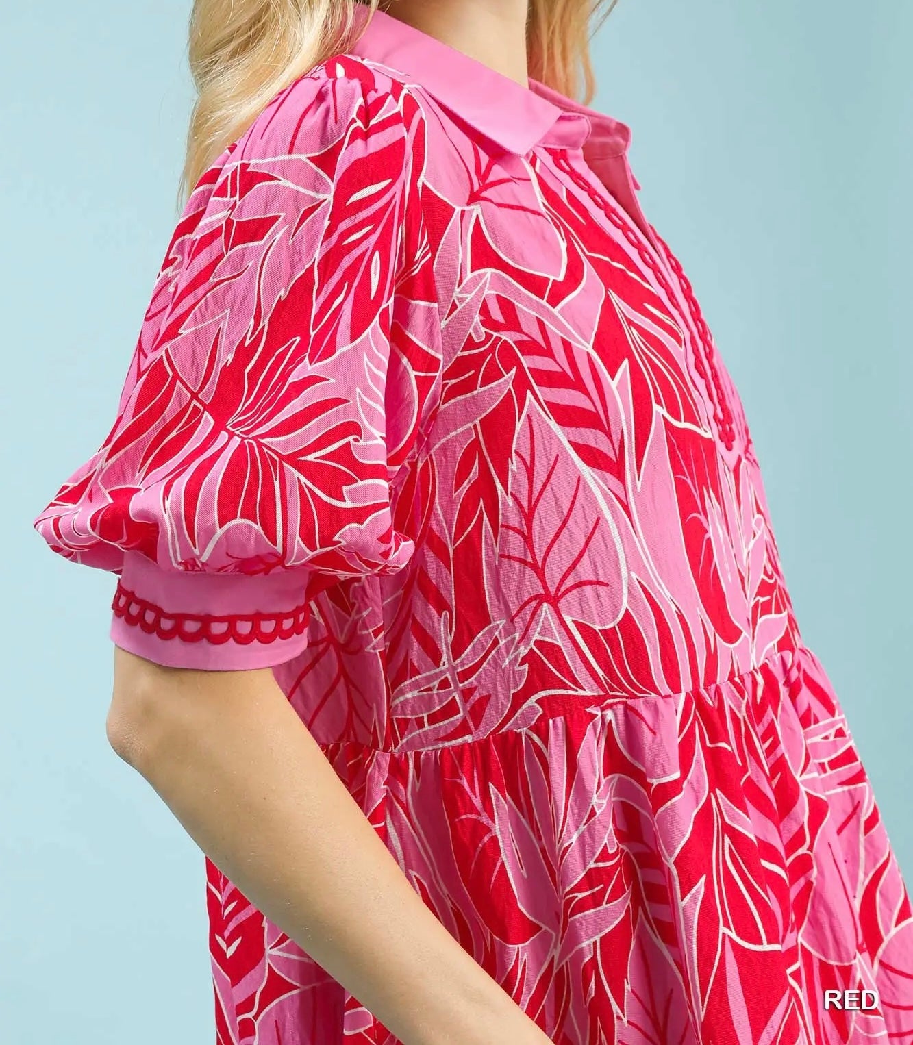 Umgee Plus Size Red & Pink Leafy Border Print V-Neck Midi Dress