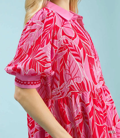 Umgee Plus Size Red & Pink Leafy Border Print V-Neck Midi Dress