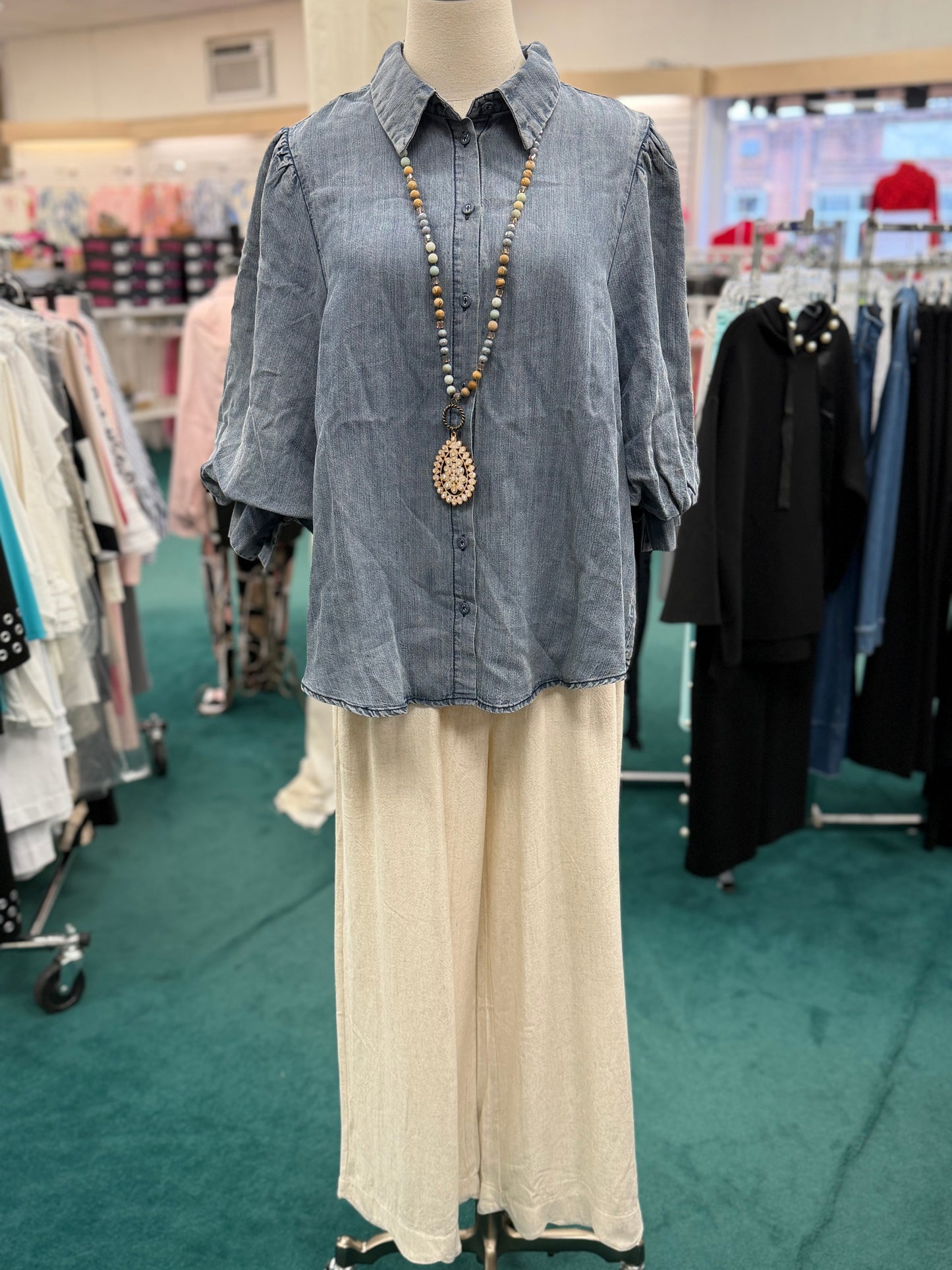 Easel  3/4 SLEEVES WASHED DENIM SHIRT
