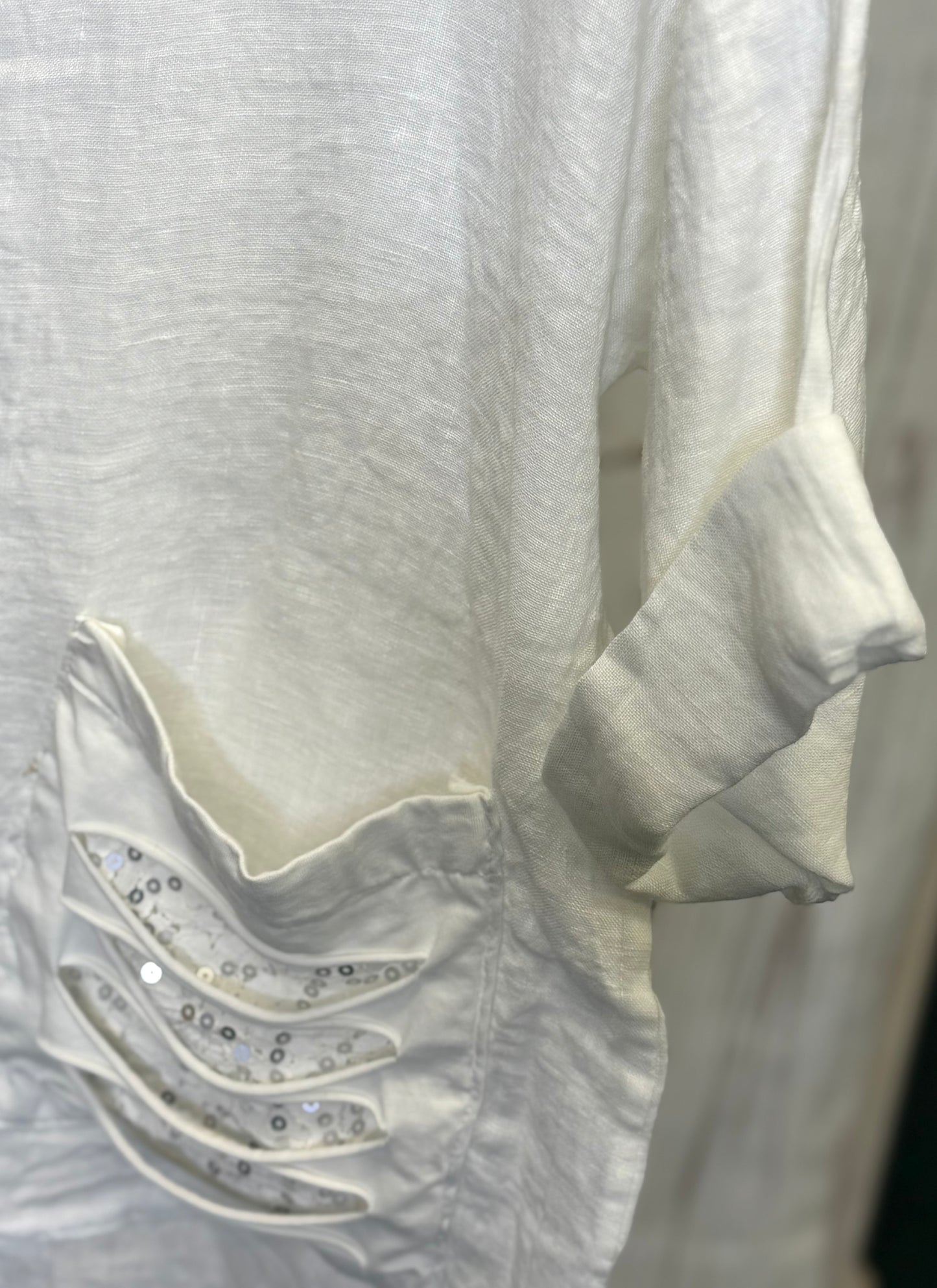 Made in Italy Linen Blouse with Lace and Ripped Fabric Front Pockets