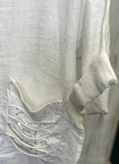 Made in Italy Linen Blouse with Lace and Ripped Fabric Front Pockets