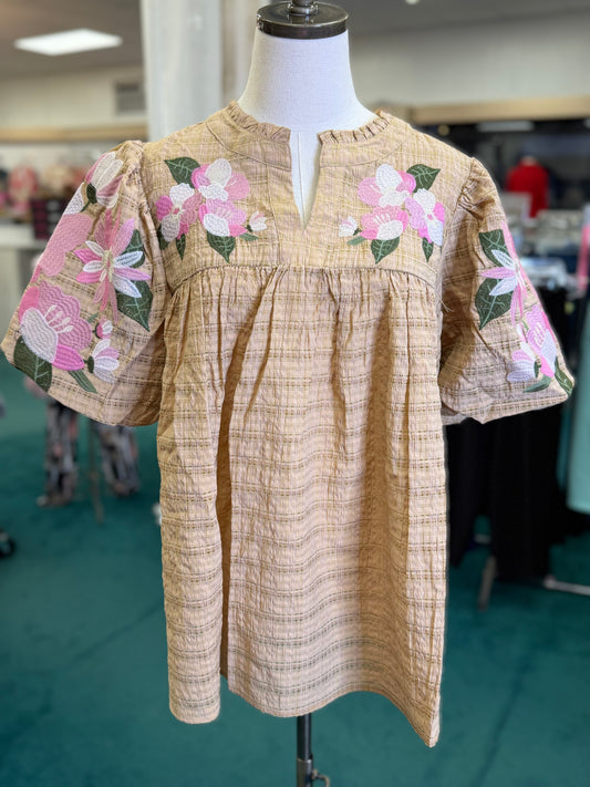 Oddi Plus Size Textured Top with Embroidered Floral Sleeve