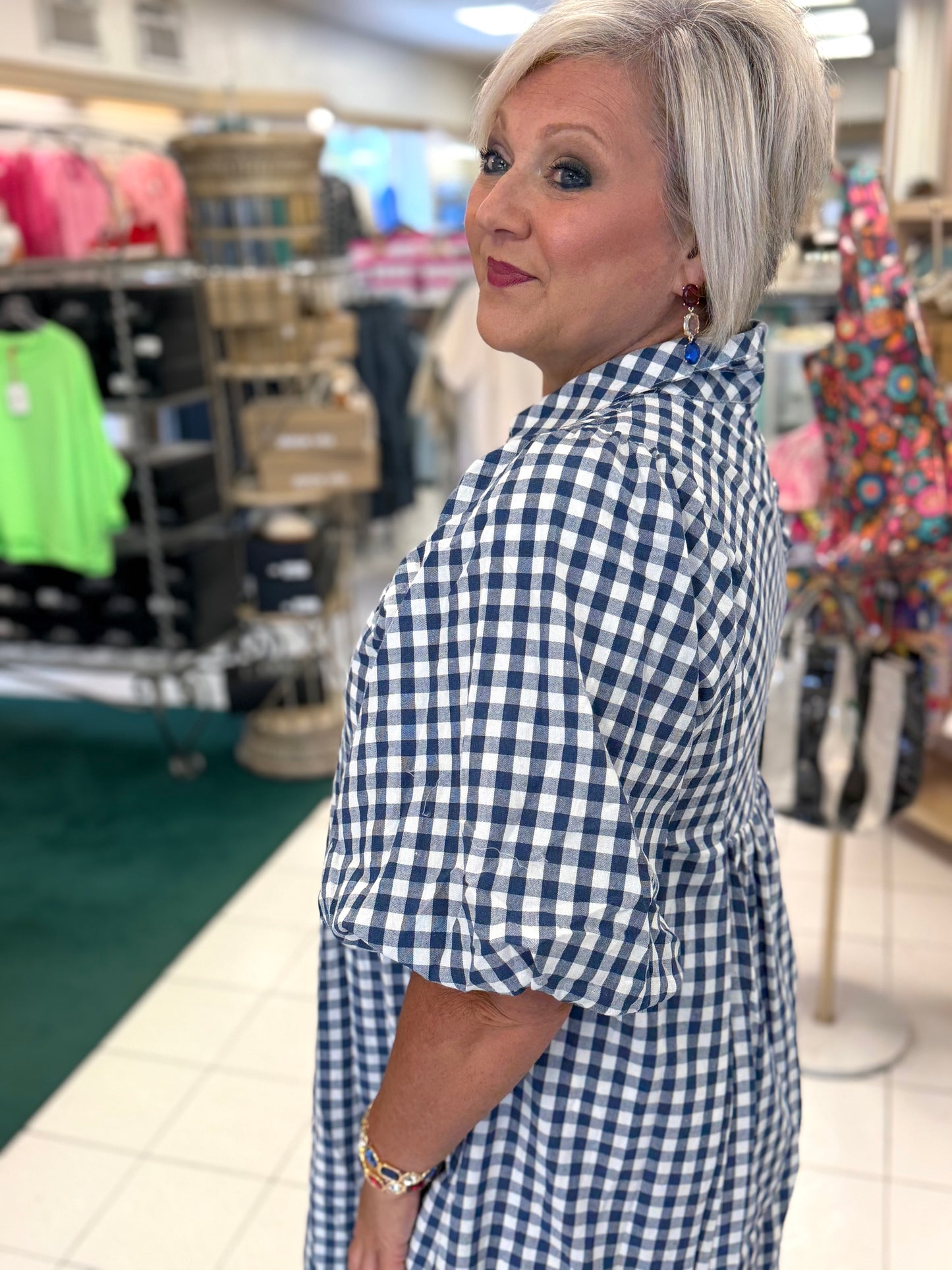 Umgee Denim Blue Puff Sleeve Plaid Midi Dress