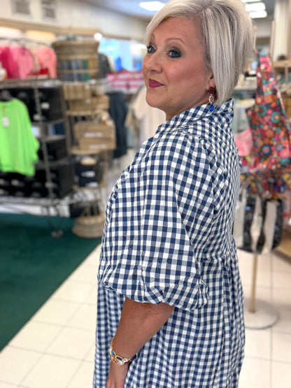 Umgee Denim Blue Puff Sleeve Plaid Midi Dress