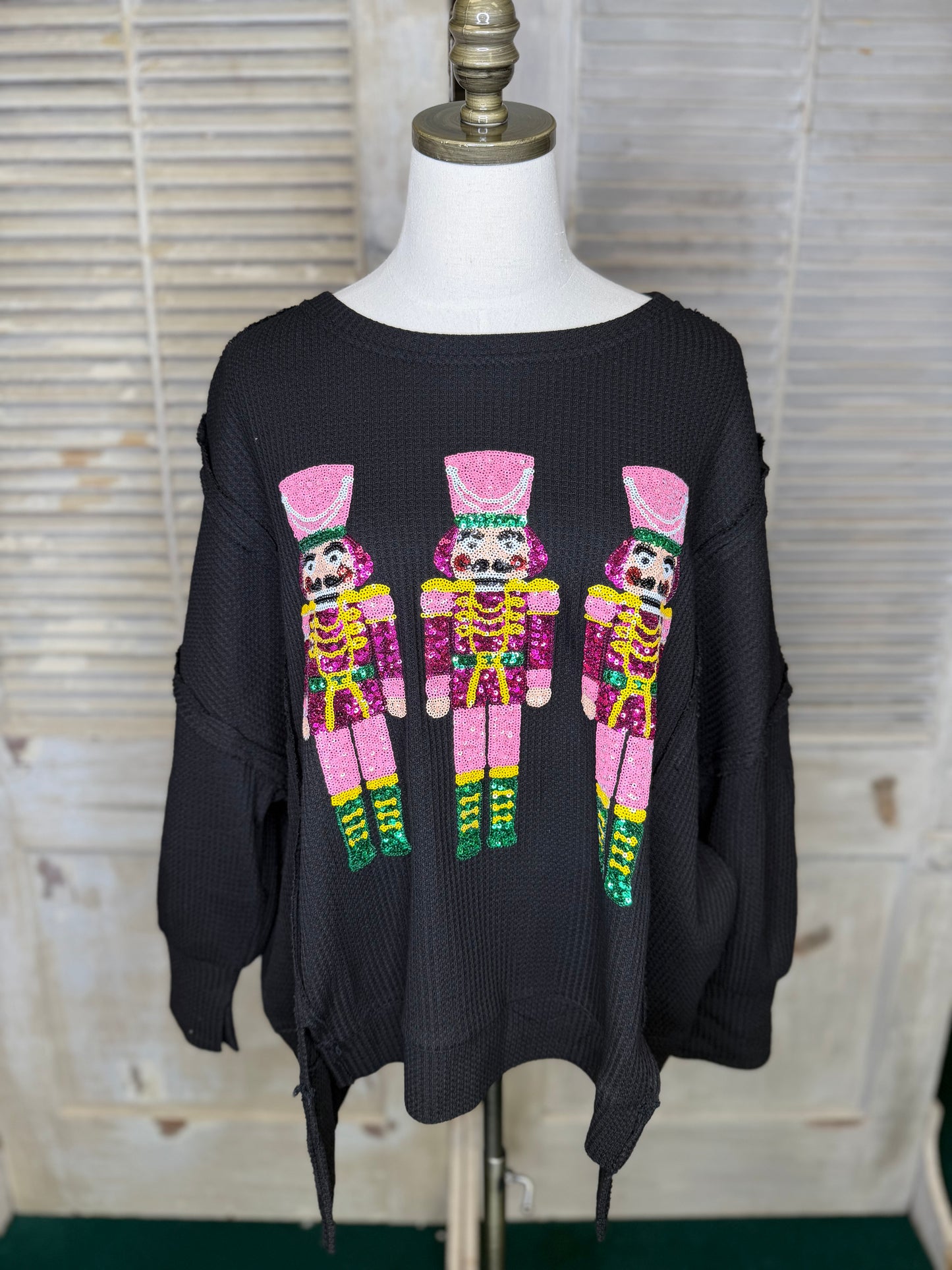 Bibi Black Christmas Sequin Nutcrackers Embroidery Sweatshirt