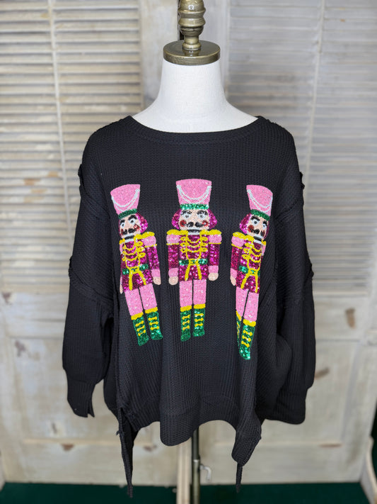 Bibi Black Christmas Sequin Nutcrackers Embroidery Sweatshirt